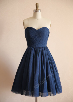 Navy Blue Polka Dots Tulle Pleated Short Bridesmaid Dress